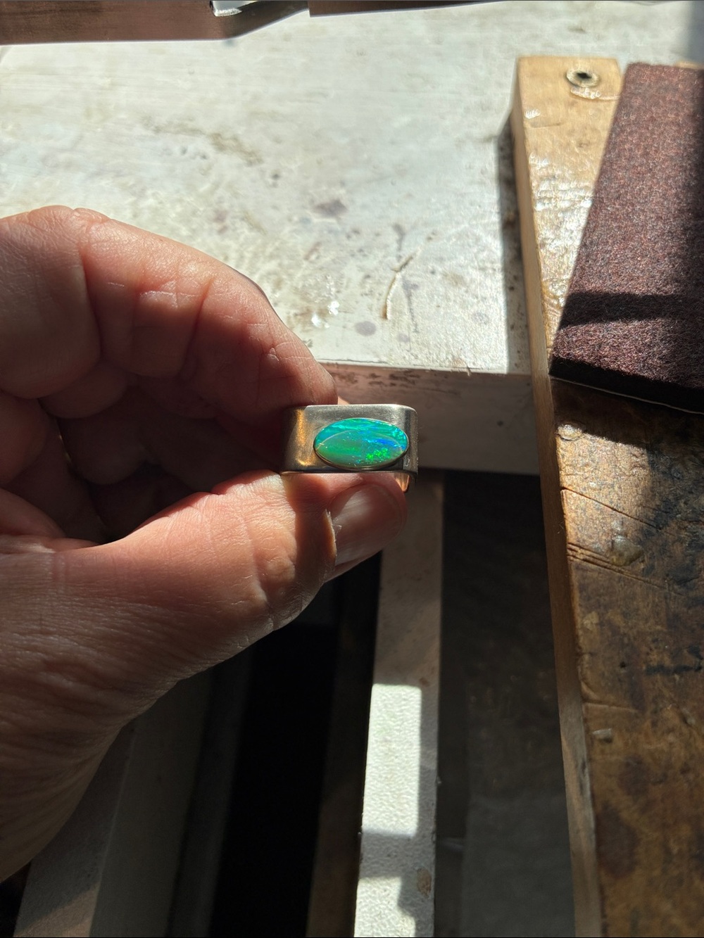 Unique Square Sterling Silver Ring with Green-Blue Opal Inlay